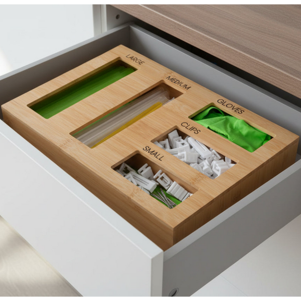 Bamboo Sandwich Bag Organiser – 5 Slot Dispenser in kitchen drawer, ideal for storage of bags and kitchen organisation.