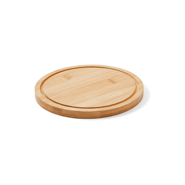 Round bamboo cutting board for kitchen use, eco-friendly and space-saving kitchen organizer.