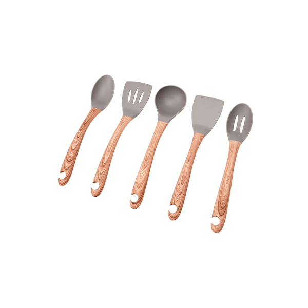 Wood look utensil set for kitchen storage, space-saving cooking tools, pantry organiser.
