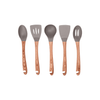 Wood look utensils set with gray silicone heads, perfect for kitchen storage and use.