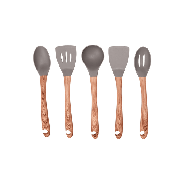 Wood look utensils set with gray silicone heads, perfect for kitchen storage and use.