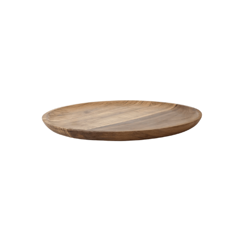 Large acacia round serving tray ideal for kitchen storage and pantry organization.