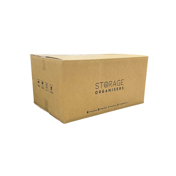 Brown cardboard storage organiser box, ideal for pantry and kitchen use.