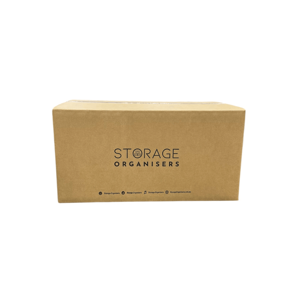 Brown cardboard box for storage organisers, ideal for pantry or kitchen space-saving