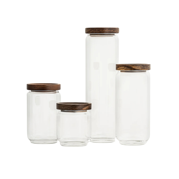 Round Glass Acacia Storage Jar Set – 5 Pack