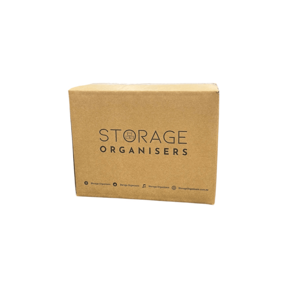Brown cardboard box for storage organiser, ideal for pantry or kitchen use.