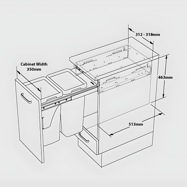 Pull-Out Kitchen Bin – 350mm Cabinet (2 × 18L) for efficient under sink storage solution to enhance kitchen organisation and convenience.