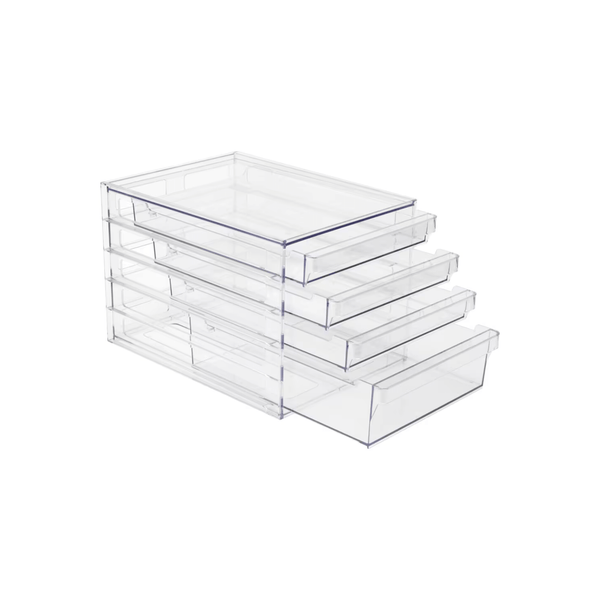 Clear 4-drawer organiser for pantry and fridge storage, space-saving solution.