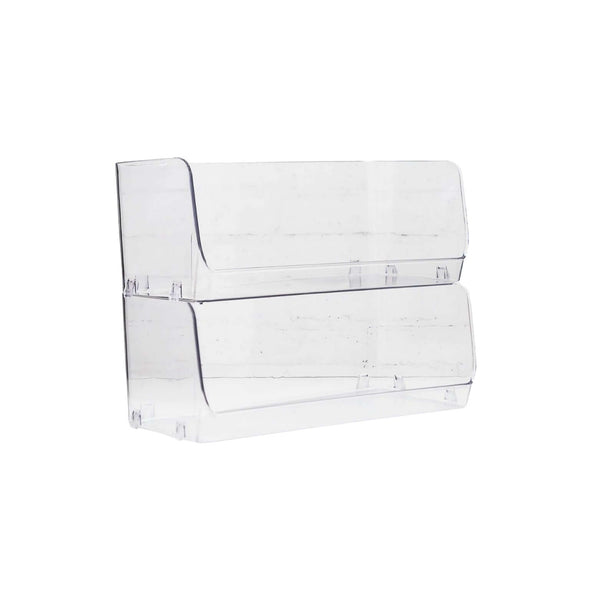 Large clear stackable organiser; ideal storage for pantry, kitchen baskets, and fridge containers.
