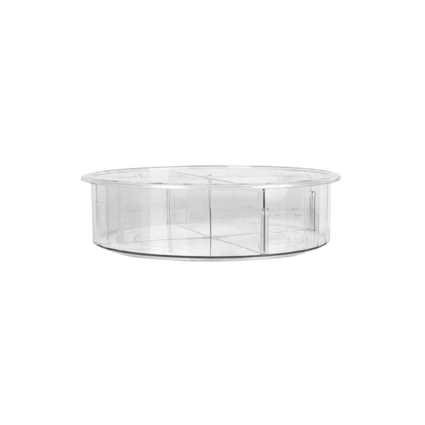 Tall round clear rotating tray ideal for pantry storage, kitchen baskets, and fridge organization.