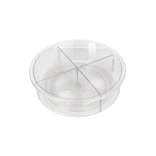 Clear tall rotating Lazy Susan tray for organized pantry storage.