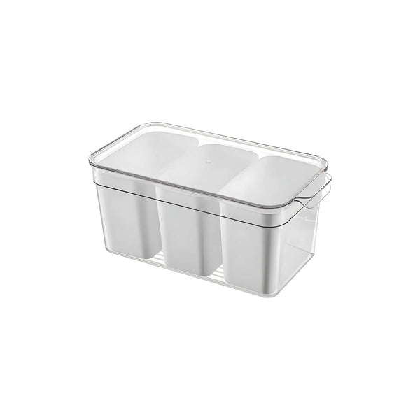 Triple clear fridge organiser with removable baskets for kitchen storage, space-saving design.