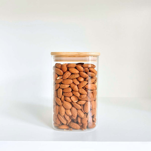Square Bamboo Pantry Jars – 12-Pack Glass Storage Set containing almonds, ideal for pantry and kitchen organisation with storage organisers.