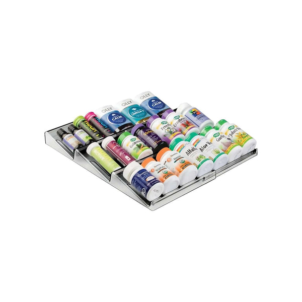 Expandable in-drawer multi-use rack organizing vitamins, ideal storage organiser for pantry or kitchen.