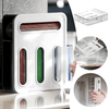 Acrylic Sandwich Bag Organiser – 4 Slot Dispenser mounted on kitchen wall for efficient storage and easy access to snack bags.