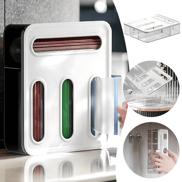 Acrylic Sandwich Bag Organiser – 4 Slot Dispenser mounted on kitchen wall for efficient storage and easy access to snack bags.