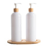 White Plastic Pump Bottles + Bamboo Tray – 500 ml Set for bathroom or kitchen organisation, ideal storage organisers on a bamboo tray.