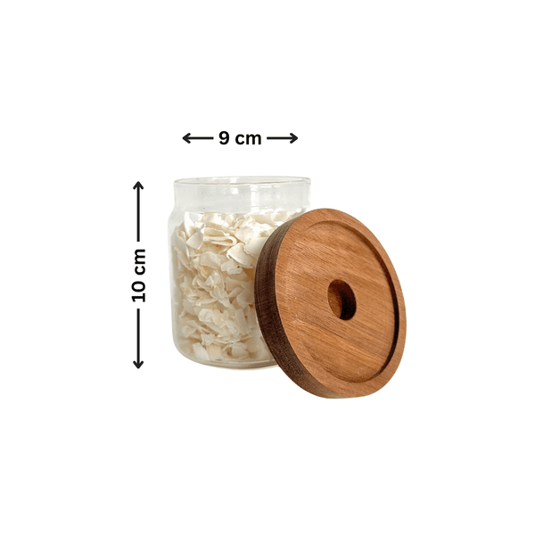 Round Glass Acacia Storage Jar with Bamboo Lid, 9cm x 10cm, for Kitchen Organisation and Stylish Home Storage Solutions.