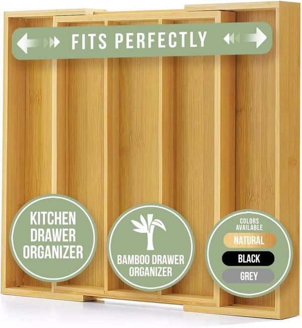 Bamboo Expandable Cutlery Drawer Insert for kitchen organisation, perfect for keeping cutlery sorted in kitchen drawers.