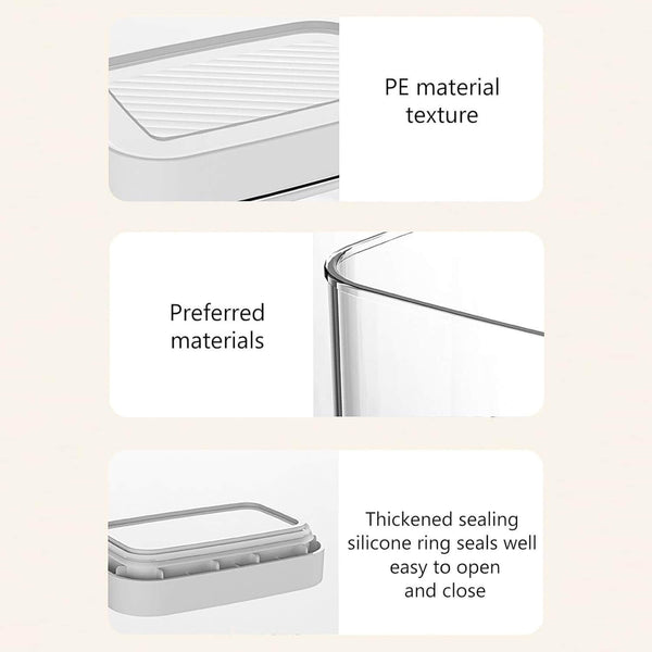 White airtight container showing PE material, silicone sealing ring, ideal for pantry storage.