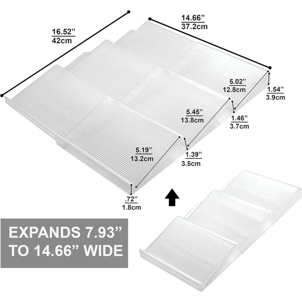Expandable in-drawer rack for storage organiser, fits pantry jars, fridge containers, clear plastic.