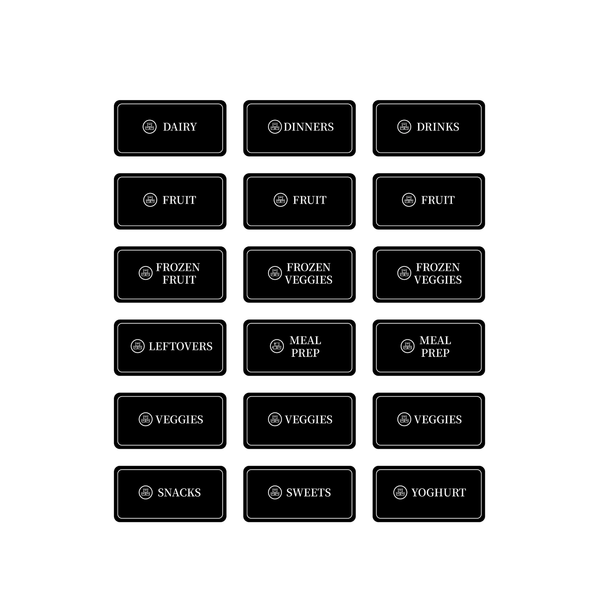 Fridge and Freezer Organisation Labels Pack for Food Storage Containers, 36 Black Stickers.