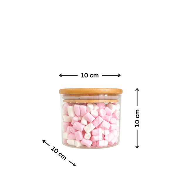 Glass pantry jar with bamboo lid, 10x10cm size, perfect storage organiser for kitchen shelves.