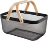 Black mesh storage basket with wooden handles for home organisation, perfect as under sink storage or pantry organisers in Australia.