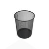 Black mesh metal waste bin for storage, used in kitchen or office spaces.