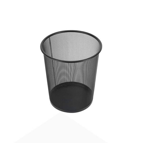 Black mesh metal waste bin for storage, used in kitchen or office spaces.