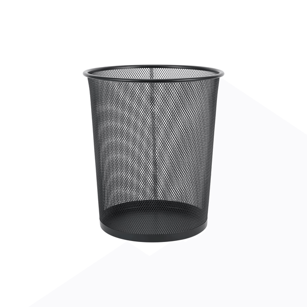 Black mesh metal bin for waste disposal in office or bathroom; storage organiser.