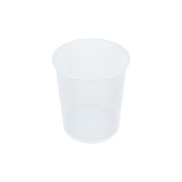 White mesh metal bin for waste disposal and storage organization in office or bathroom.