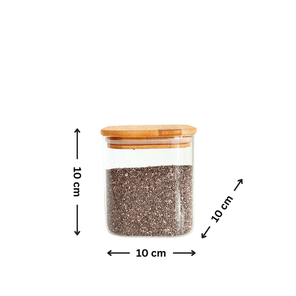 Square bamboo glass jar for pantry storage, 10cm x 10cm, with lid. Ideal kitchen organiser.