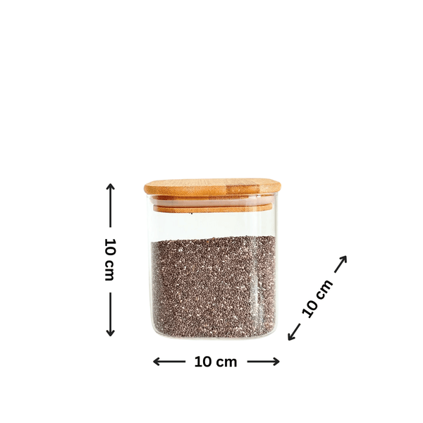 Glass jar with bamboo lid, part of the Square Bamboo Pantry Jars – 12-Pack Glass Storage Set, ideal for pantry organisation in kitchens.