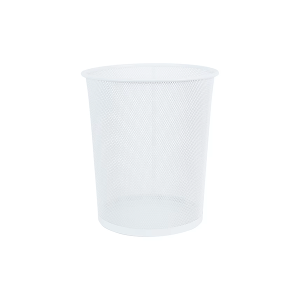 White mesh metal bin for waste disposal, ideal as storage organiser in kitchen or pantry.