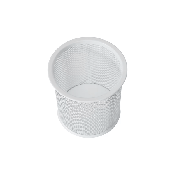 White mesh pen cup for desk organisation, ideal storage organiser for office supplies.