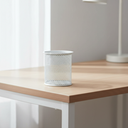 White Mesh Pen Cup for Desk Organisation, ideal for office storage, adds structure to workspace, complements drawer organisers and kitchen storage.