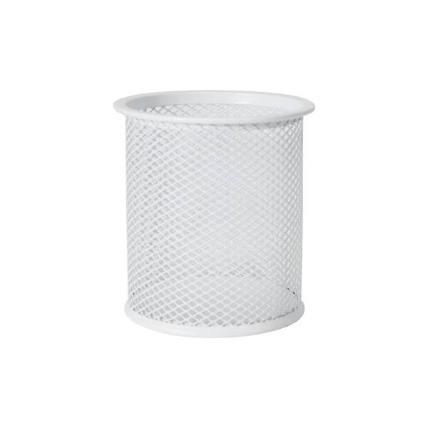 White mesh pen cup for desk organisation, versatile storage organiser for stationery.