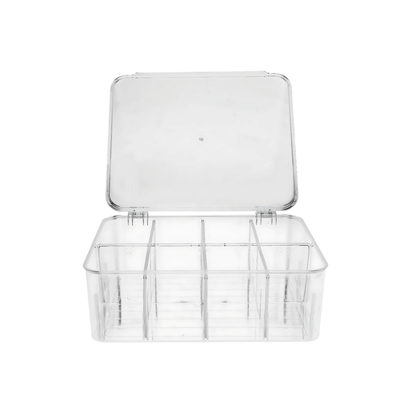Clear storage organiser box with removable dividers for fridge, pantry, or laundry use.