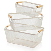 Stacked wire baskets with wooden handles for kitchen organisation. Part of the Small Pantry Reset Pack for efficient pantry storage.