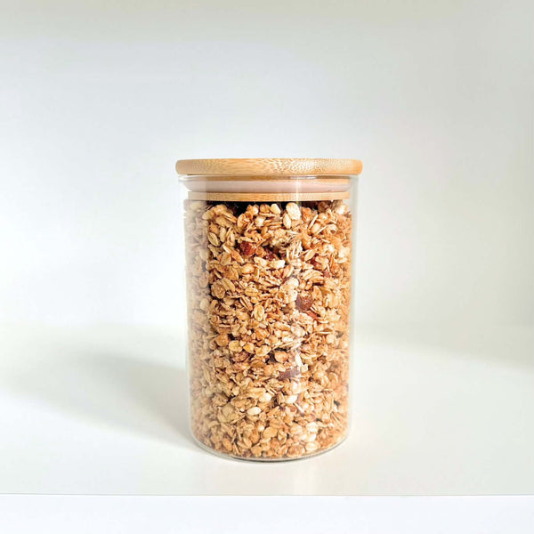 Bamboo Glass Jars Large Pantry Container Set – 24 Pack shown with granola, perfect for kitchen storage and pantry organisation.