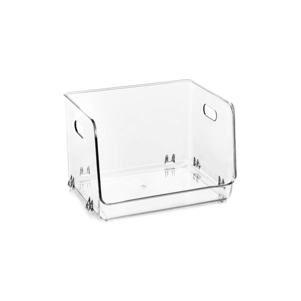 Clear stackable organizer for kitchen storage, perfect for pantry jars or fridge containers.