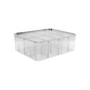 Clear Multi-Use Storage Box with Dividers for kitchen organisation. Ideal for drawer organisers or pantry storage solutions.