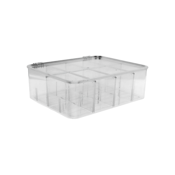 Clear multi-use storage box with removable dividers for pantry and fridge organization