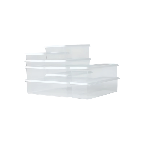 Transparent fridge containers set for space-saving pantry organization.