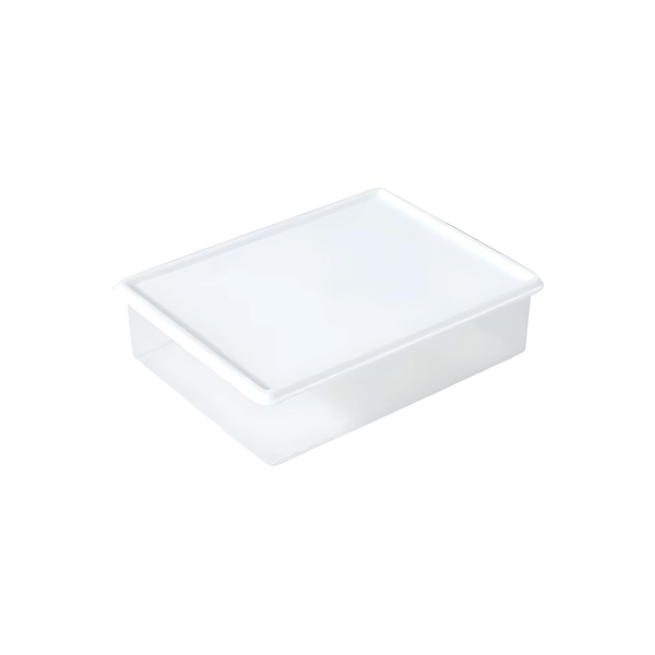 Clear plastic fridge container with a lid for versatile kitchen storage organization.