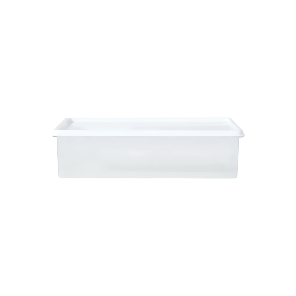 Clear rectangular fridge container for space-saving storage.