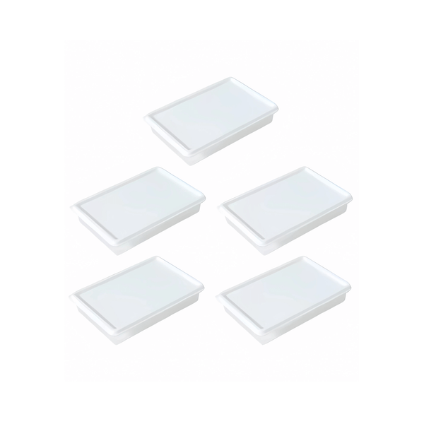 Set of five white fridge containers for organized food storage, space-saving solution.