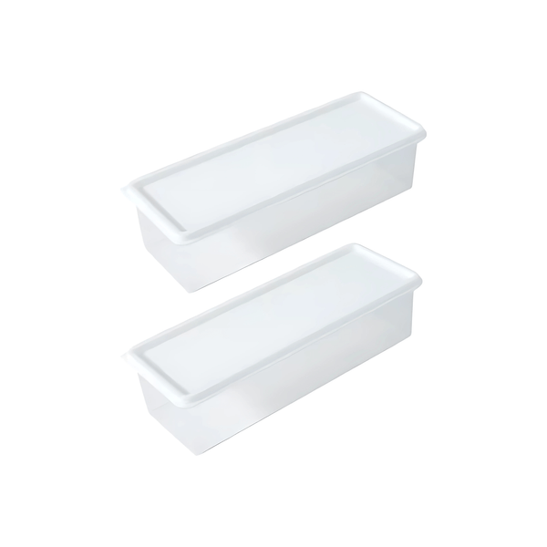 White rectangular storage containers for fridge or pantry organization, space-saving design