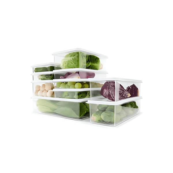 Stackable fridge containers with vegetables, space-saving kitchen storage organiser set.